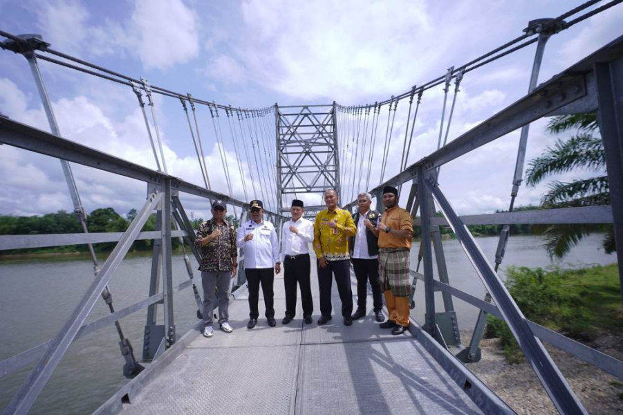 Pj Gubri saat meninjau jembatan di Kampar. Foto Ist